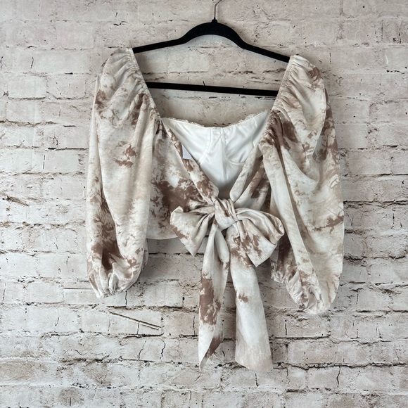 isalis Women's M Off the Shoulder 3/4 Sleeve Cropped Blouse Brown Off White Med - Picture 4 of 7